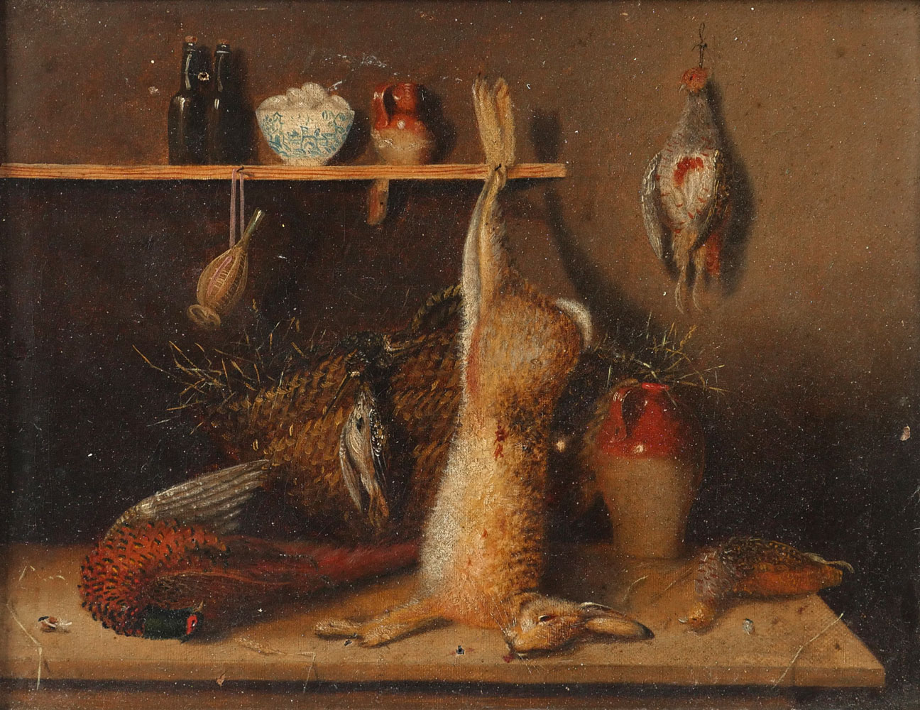 Appraisal: TURN OF THE CENTURY PAINTING GAME BIRDS AND RABBIT Oil