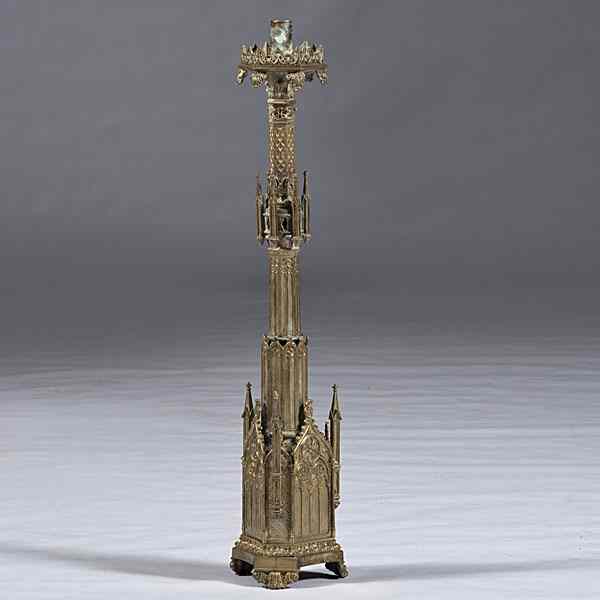 Appraisal: Gothic Revival Brass Altar Candlestick Continental a Gothic Revival gilded