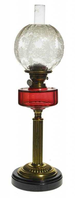 Appraisal: A VICTORIAN BRASS OIL LAMP with cranberry glass faceted fount