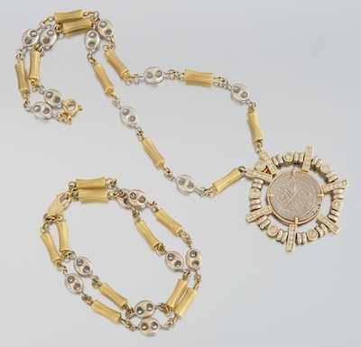 Appraisal: A Gucci-Style Chain Bracelet and Necklace With Coin and Diamond