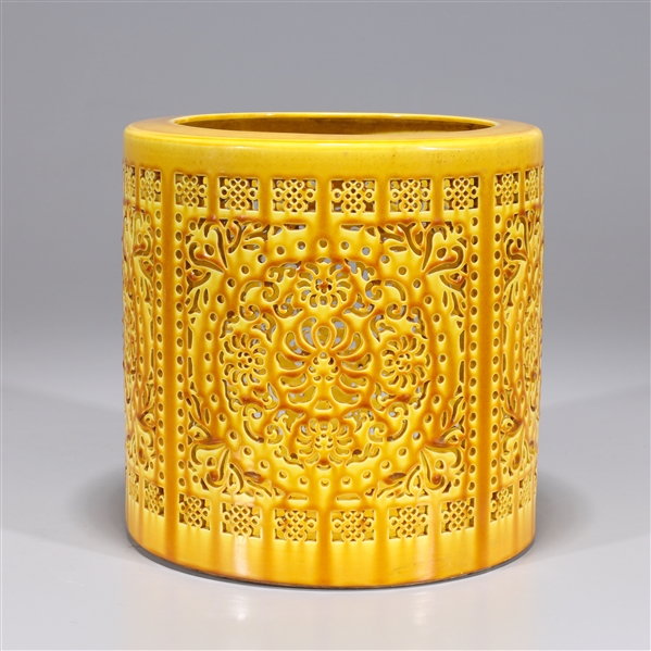 Appraisal: Chinese Ming style yellow glazed porcelain openwork brush pot six