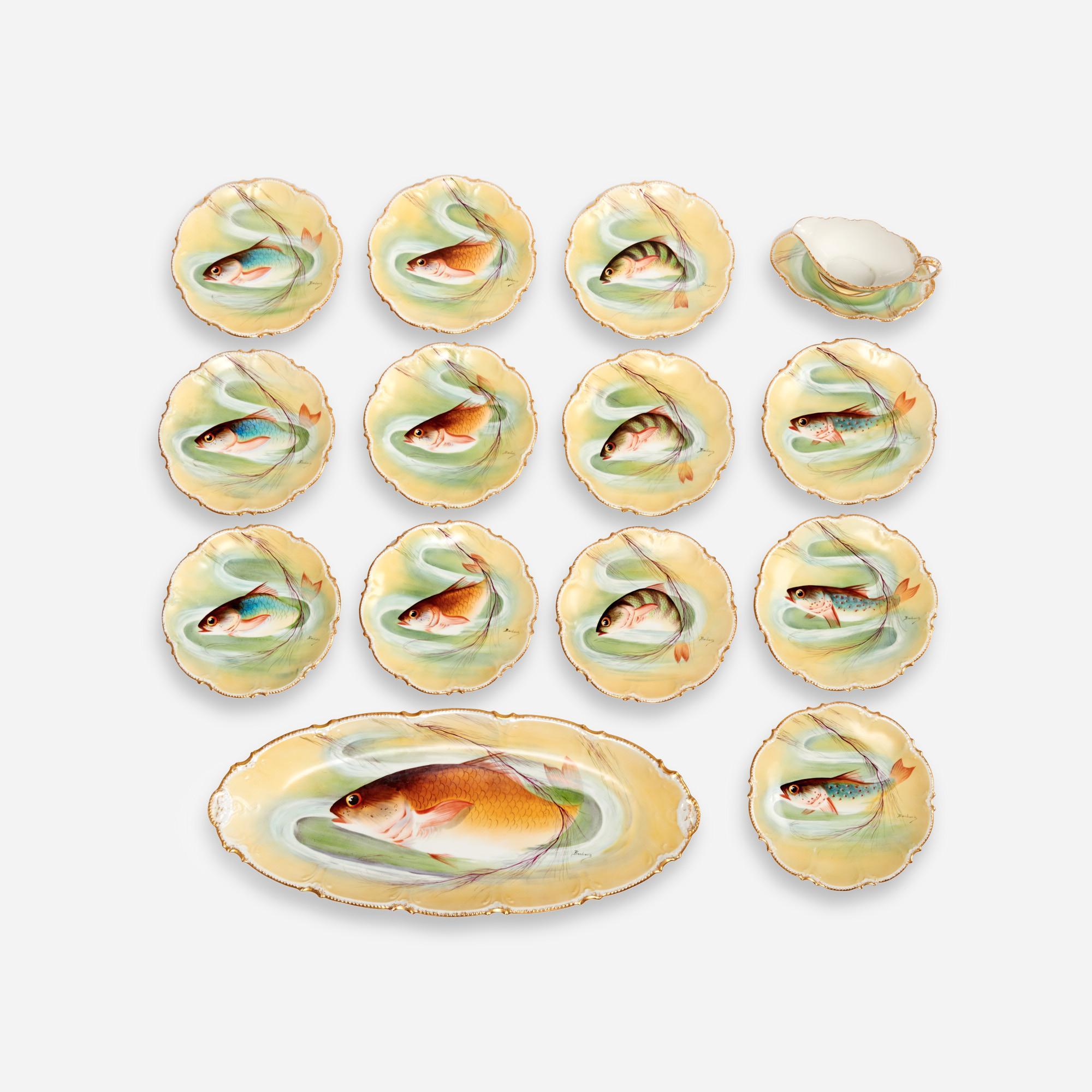 Appraisal: CORONET LIMOGES HAND-PAINTED FISH PLATTER PLATES A -piece Coronet Limoges