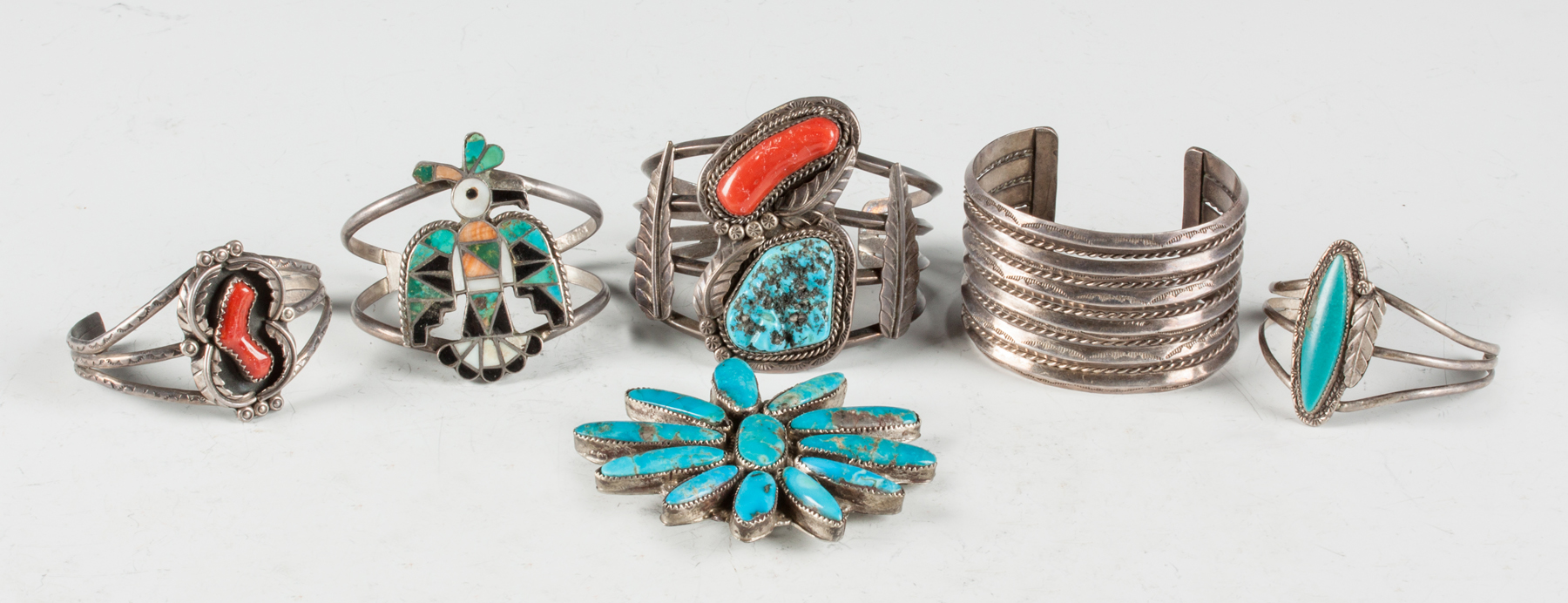 Appraisal: Five Vintage Navajo Silver Turquoise Coral Bracelets One Pin ozt