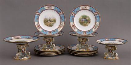 Appraisal: TEN MINTON PORCELAIN HAND-PAINTED PLATES AND FOUR STEMMED COMPOTES Impressed