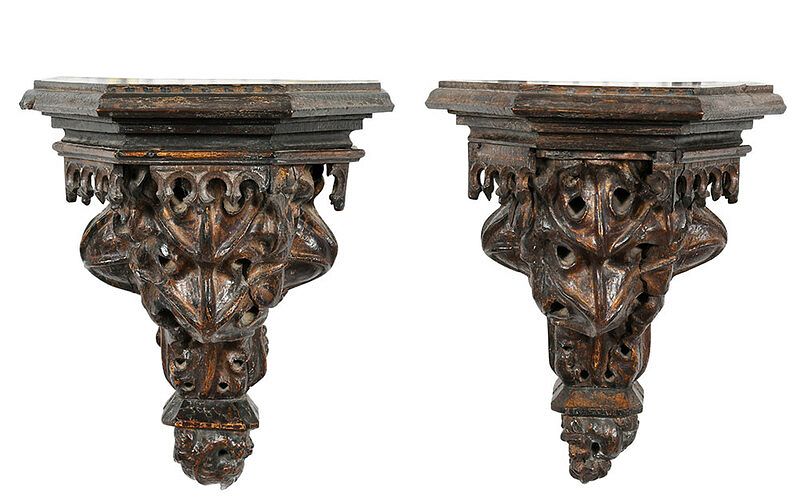 Appraisal: Pair Gothic Style Carved Wood Corbel Shelves Continental probably th