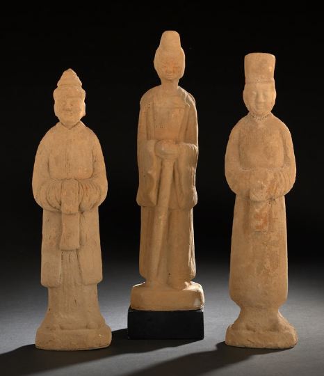 Appraisal: Group of Three Chinese Ming-Style Unglazed Pottery Figures the first