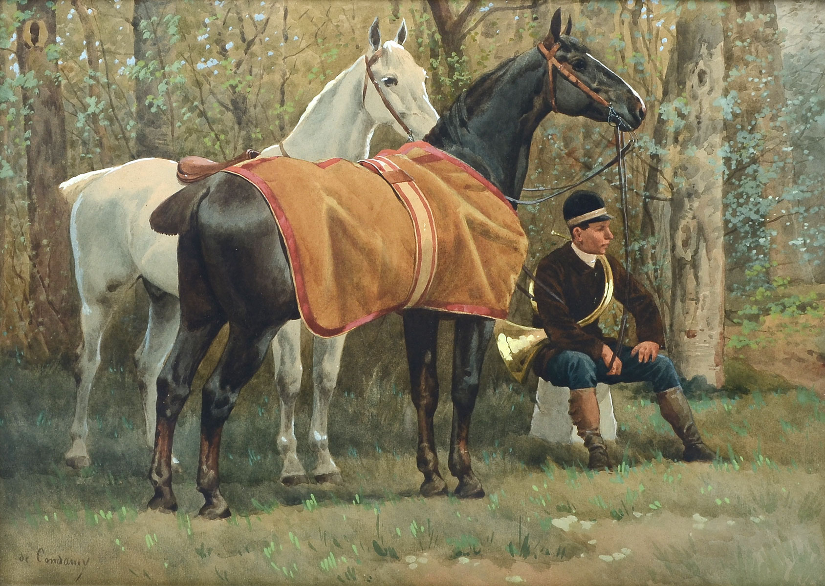 Appraisal: CHARLES-FERNAND WATERCOLOR HUNT SCENE Depicts a Rider and Two Horses