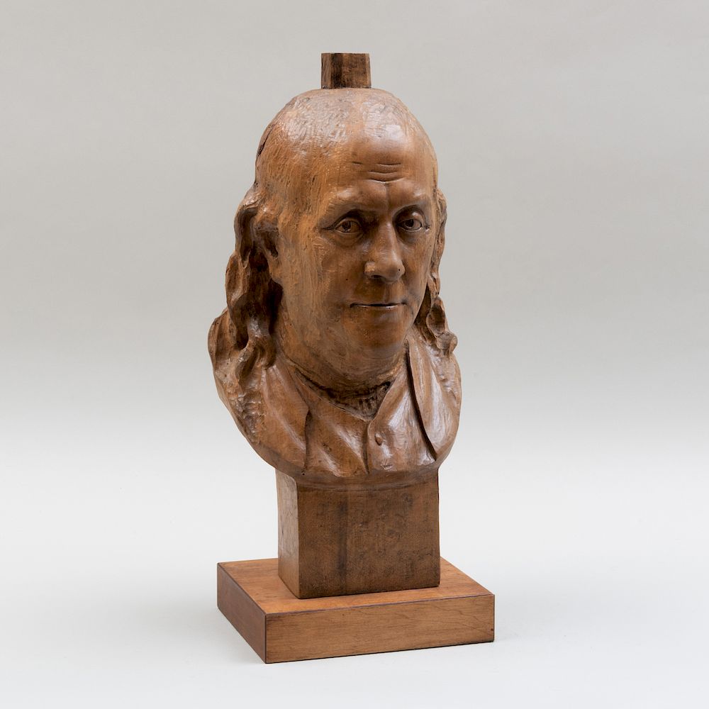 Appraisal: Carved Wood Bust of Benjamin Franklin After a Model by