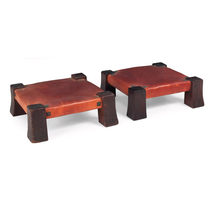 Appraisal: Gustav Stickley monk stools pair recovered leather seats over reverse-tapered