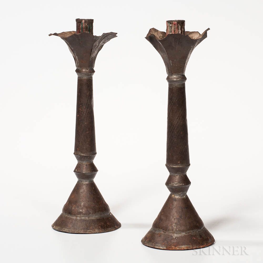 Appraisal: Pair of Tall Tin Candlesticks Pair of Tall Tin Candlesticks