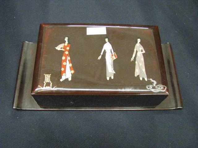 Appraisal: Japanese Lacquerware Cigarette Box signed ladies on top mechanical