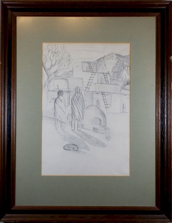 Appraisal: Deryl Lujan Signed Sketch of a Pueblo Scene Deryl Lujan