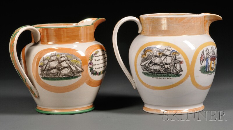 Appraisal: Two Large Orange Lustre Transfer-decorated Jugs with Maritime Themes England