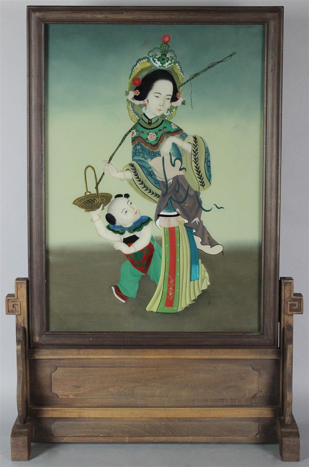 Appraisal: CHINESE REVERSE PAINTING ON GLASS MOUNTED AS A TABLE SCREEN