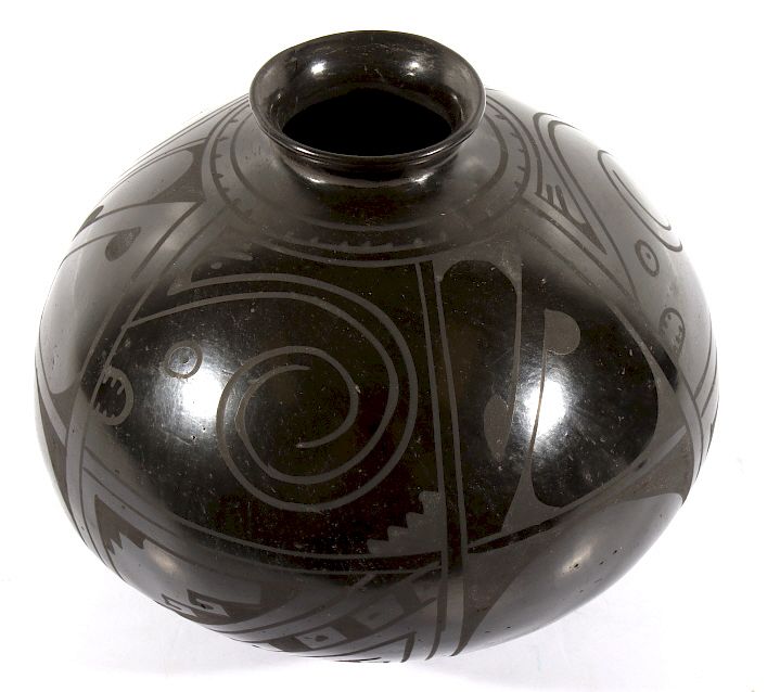 Appraisal: Signed Santa Clara Black Polychrome Pottery Jar Included in this