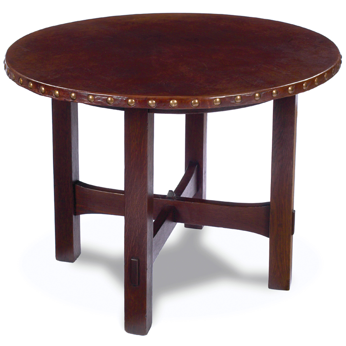 Appraisal: Gustav Stickley lamp table circular leather top over a stacked