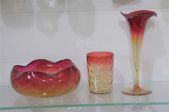 Appraisal: THREE PIECES OF AMBERINA GLASS A low bowl with ruffled