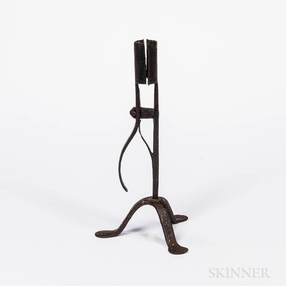 Appraisal: Wrought Iron Spring-loaded Candleholder Wrought Iron Spring-loaded Candleholder possibly Virginia