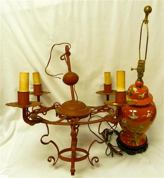 Appraisal: Red Oriental style lamp urn form with floral motif ''