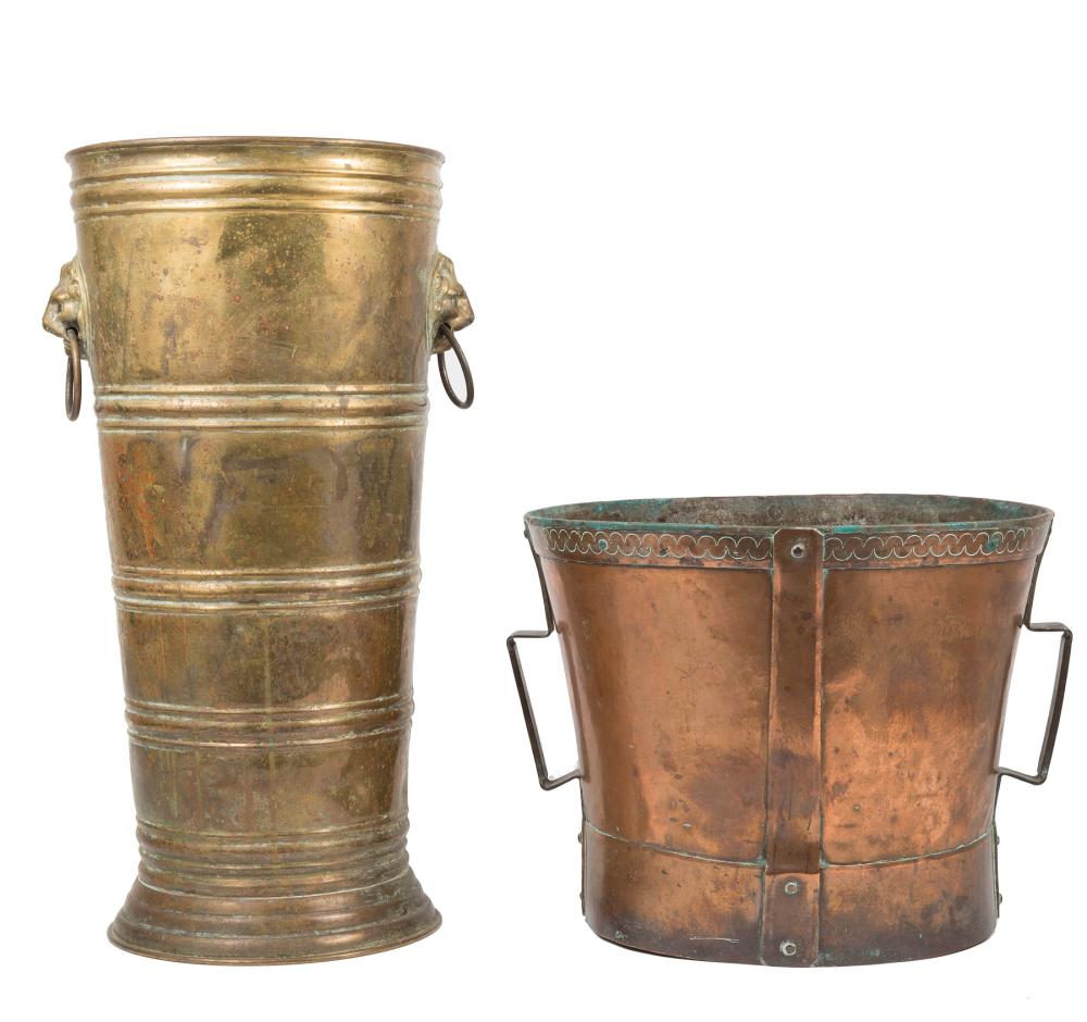 Appraisal: Antique English Brass Umbrella Stand and a Copper Bucket early