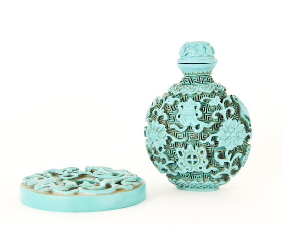 Appraisal: Asian Pieces Snuff Bottle Deep Carved Turquoise Color and Turquoise