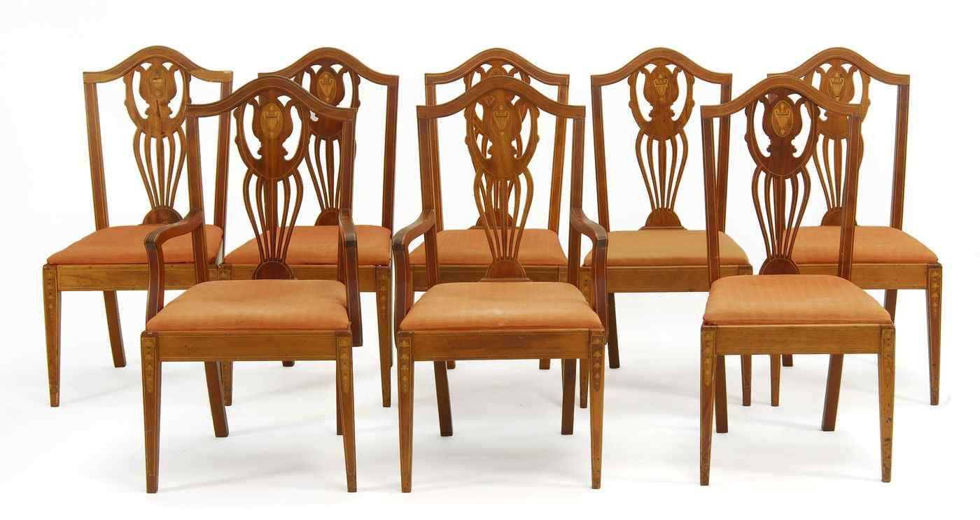 Appraisal: SET OF EIGHT HEPPLEWHITE-STYLE DINING CHAIRSIn mahogany with string inlay