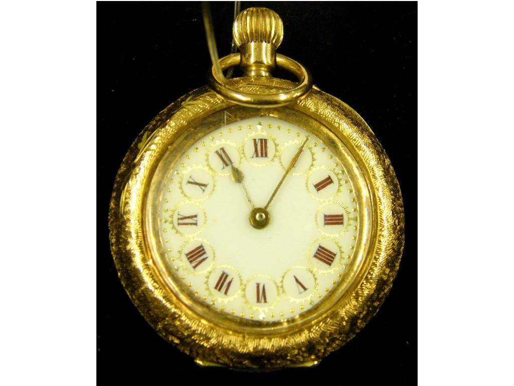 Appraisal: k cylinder engraved and enamel fob watch gm mm a