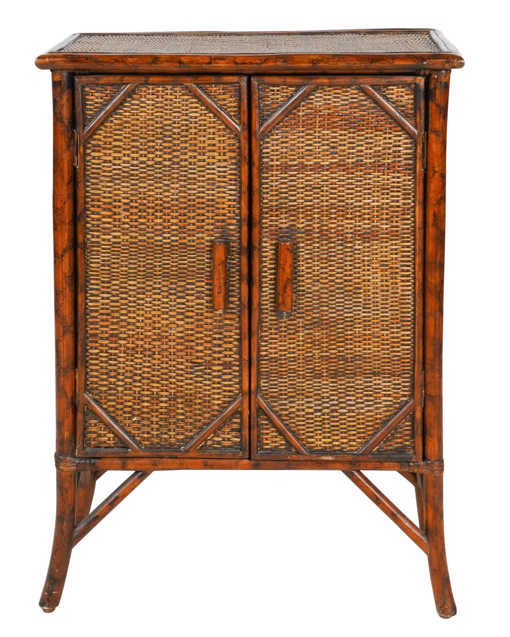 Appraisal: LACQUERED RATTAN WICKER CABINETthe pair of hinged doors enclosing one