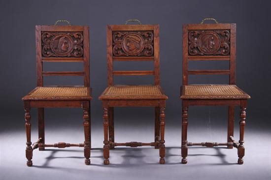 Appraisal: SET THREE RENAISSANCE REVIVAL CARVED OAK SIDE CHAIRS Late th