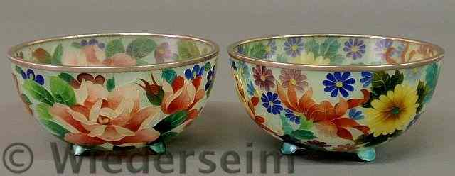 Appraisal: Colorful pair of floral decorated glass bowls th c probably