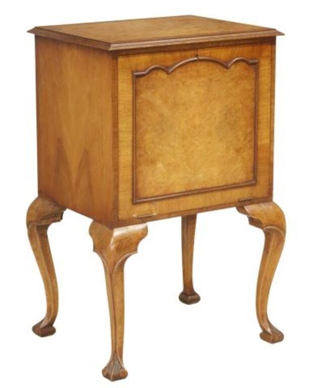 Appraisal: English burled walnut bedside cabinet th c having paneled fall-front