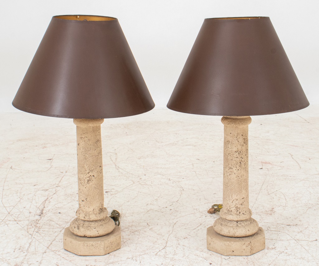 Appraisal: CAST STONE COLUMN SHAPE TABLE LAMP PAIR Pair of ancient