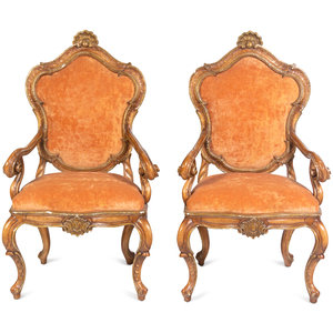 Appraisal: A Pair of Italian Rococo Style Carved and Painted Armchairs