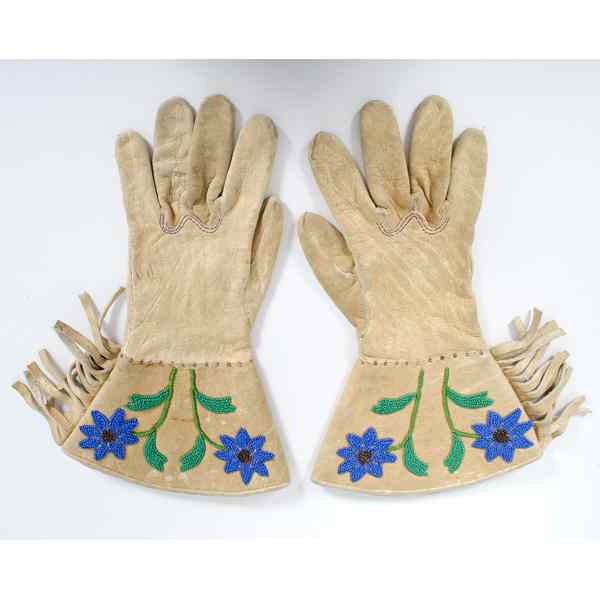 Appraisal: Plateau Beaded Hide Gauntlets thread-sewn and beaded in colors of