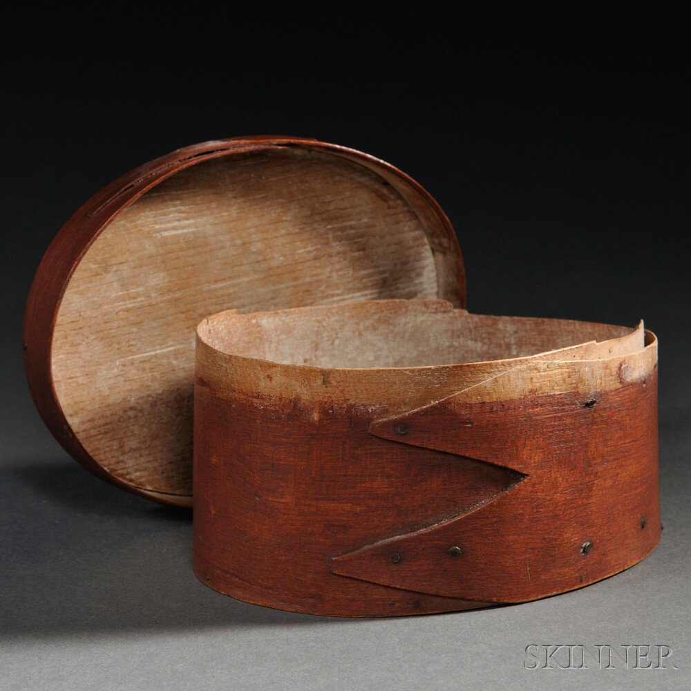 Appraisal: Small Red-stained Oval Covered Box th century with pine top