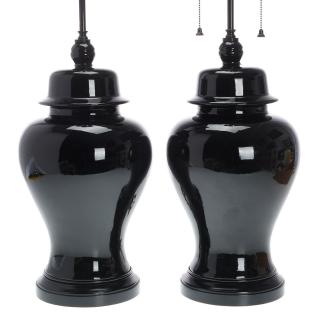 Appraisal: Pair black ceramic ginger jar lamps Pair black ceramic ginger