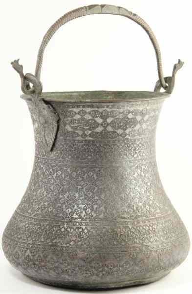 Appraisal: Persian Bronze Pail th century allover etched pattern shaped bail