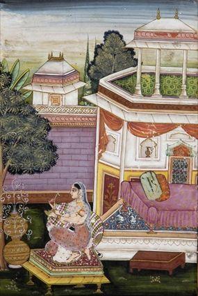 Appraisal: TWO INDIAN WATERCOLOR ILLUMINATIONS The one showing a seated woman