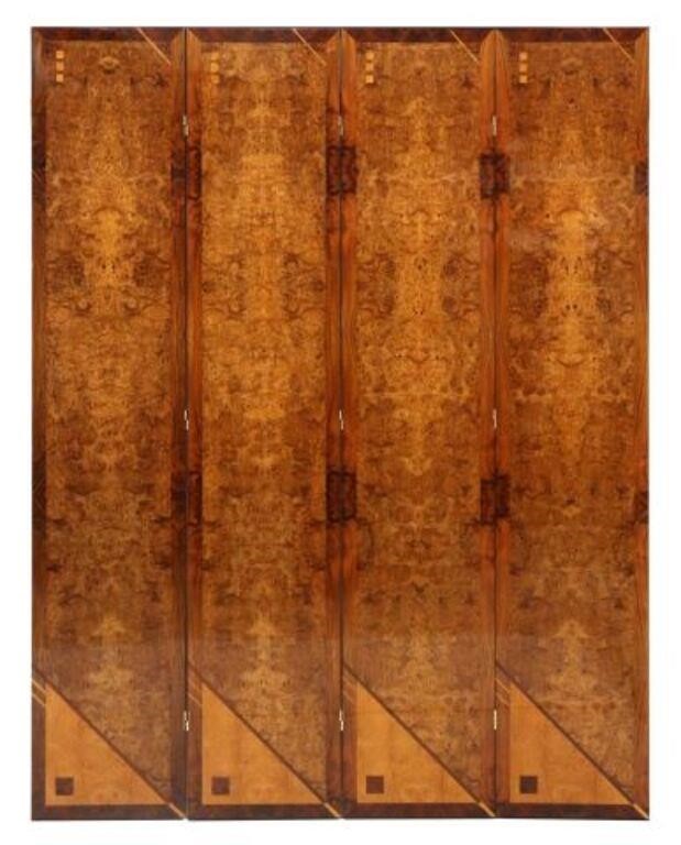 Appraisal: Art Deco style burlwood folding screen th c four individual