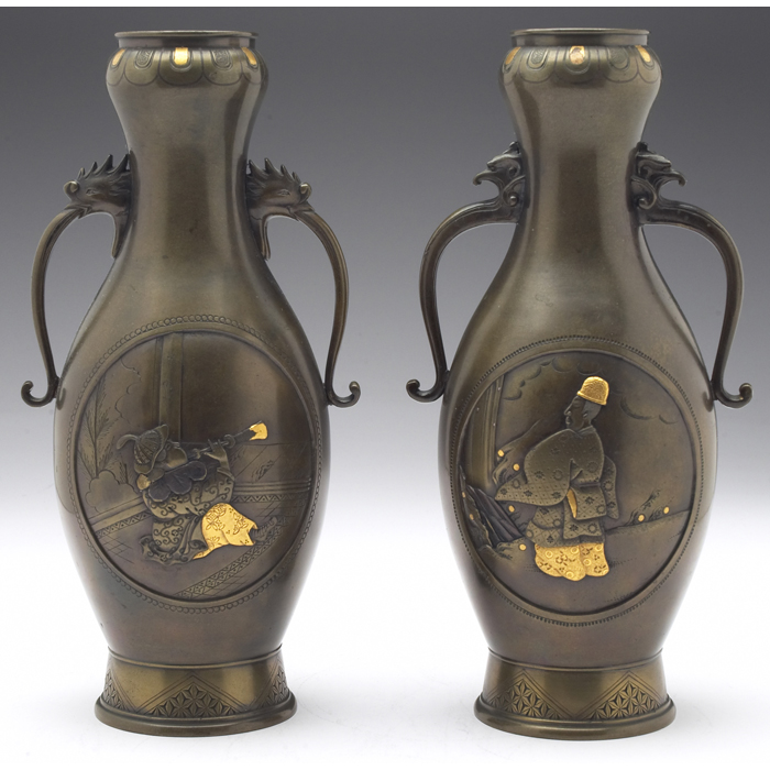 Appraisal: Japanese Mixed Metal vases Meiji period pair bronzed metal double