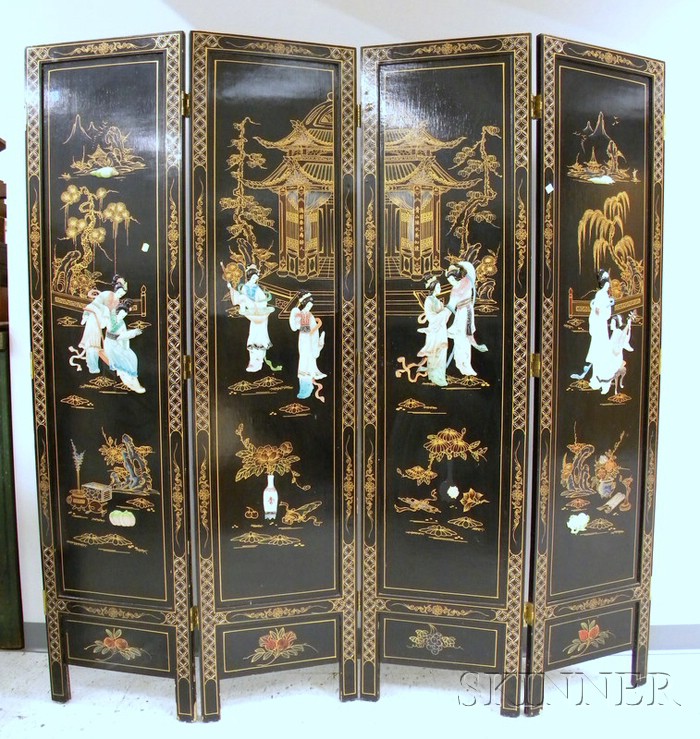 Appraisal: Chinese Export Gilt Decorated and Carved Hardstone-mounted Black Lacquer Four-Panel