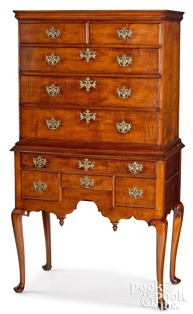 Appraisal: New England Queen Anne tiger maple high chest New England