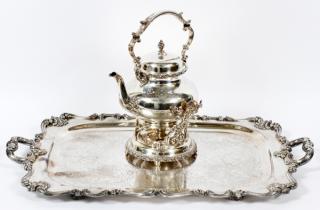 Appraisal: SILVER-PLATE PIECES COFFEE POT WITH BURNER AND TRAY Includes coffee