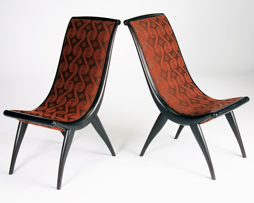 Appraisal: ANDY BUCK Pair of Lounge Lizard chairs with sleigh-shaped frames