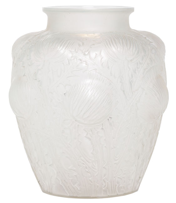 Appraisal: Ren eacute Lalique vase mold blown thistle design in opalescent