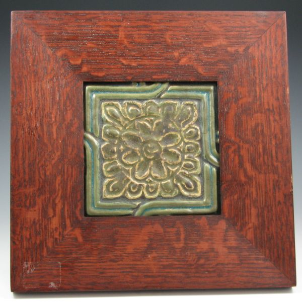 Appraisal: Framed Rookwood matte green faience tile with yellow and blue