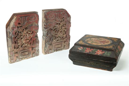 Appraisal: THREE WOODEN ITEMS Asian th century Two carved architectural plaques