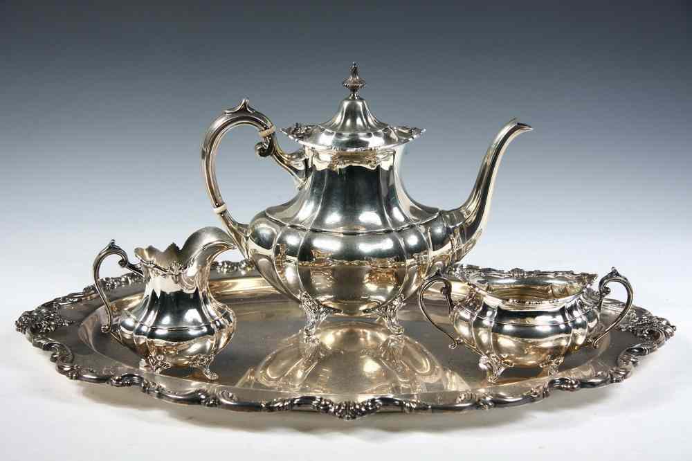 Appraisal: PC STERLING TEA SET ON S P TRAY - Three