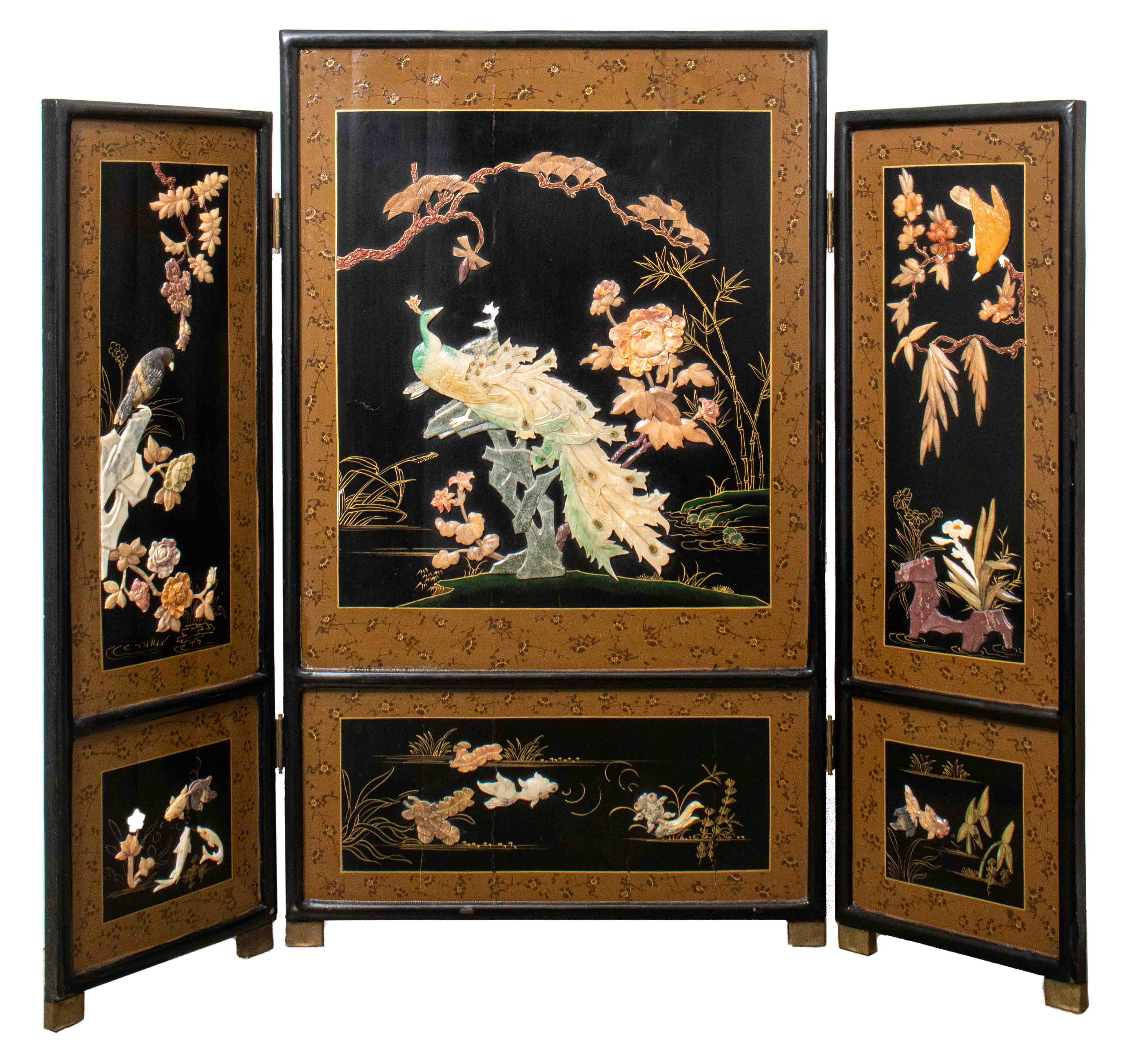 Appraisal: CHINESE BLACK LACQUER SCREEN WITH STONE INLAY Antique Chinese black