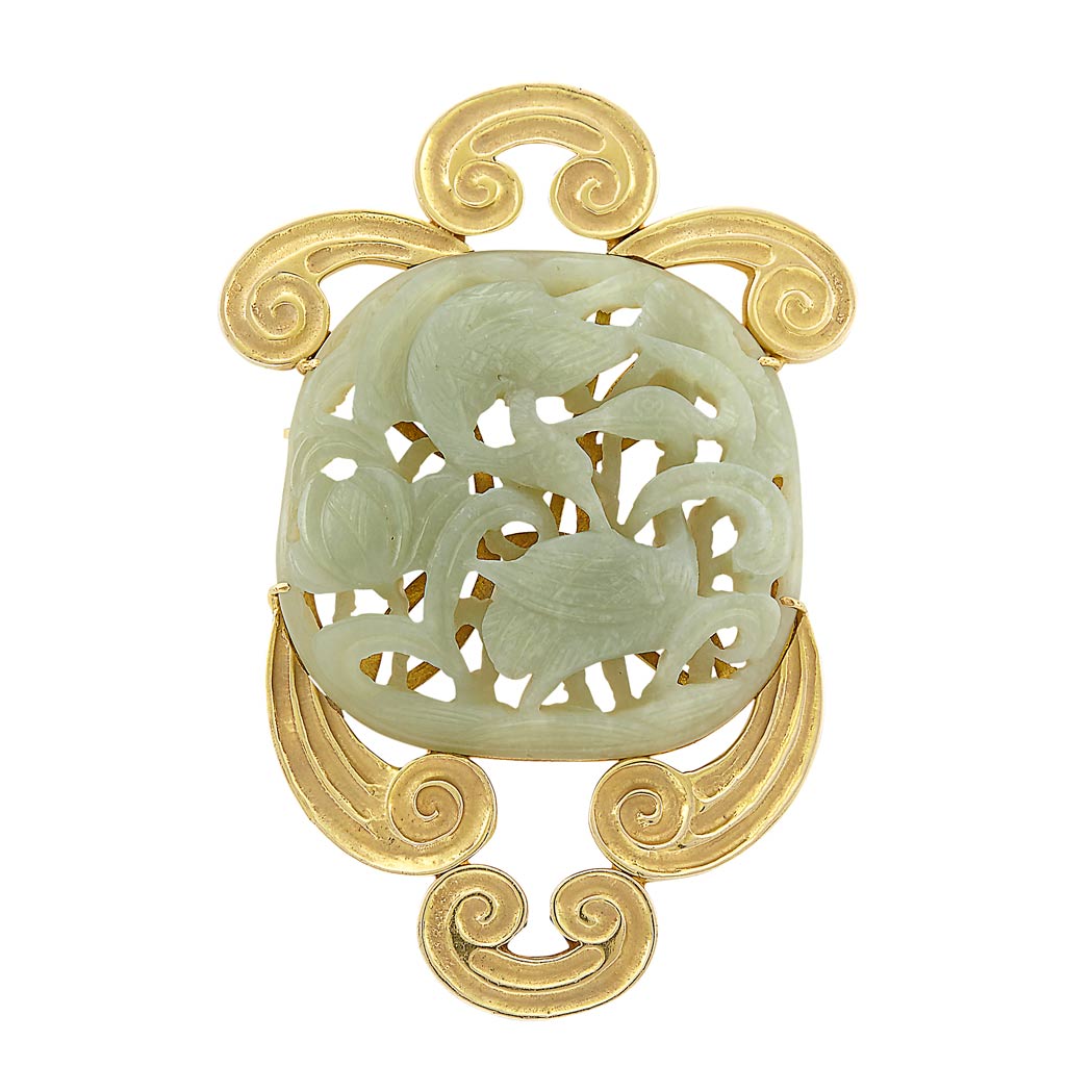 Appraisal: Gold and Carved Jade Pendant-Brooch One carved jade ap x